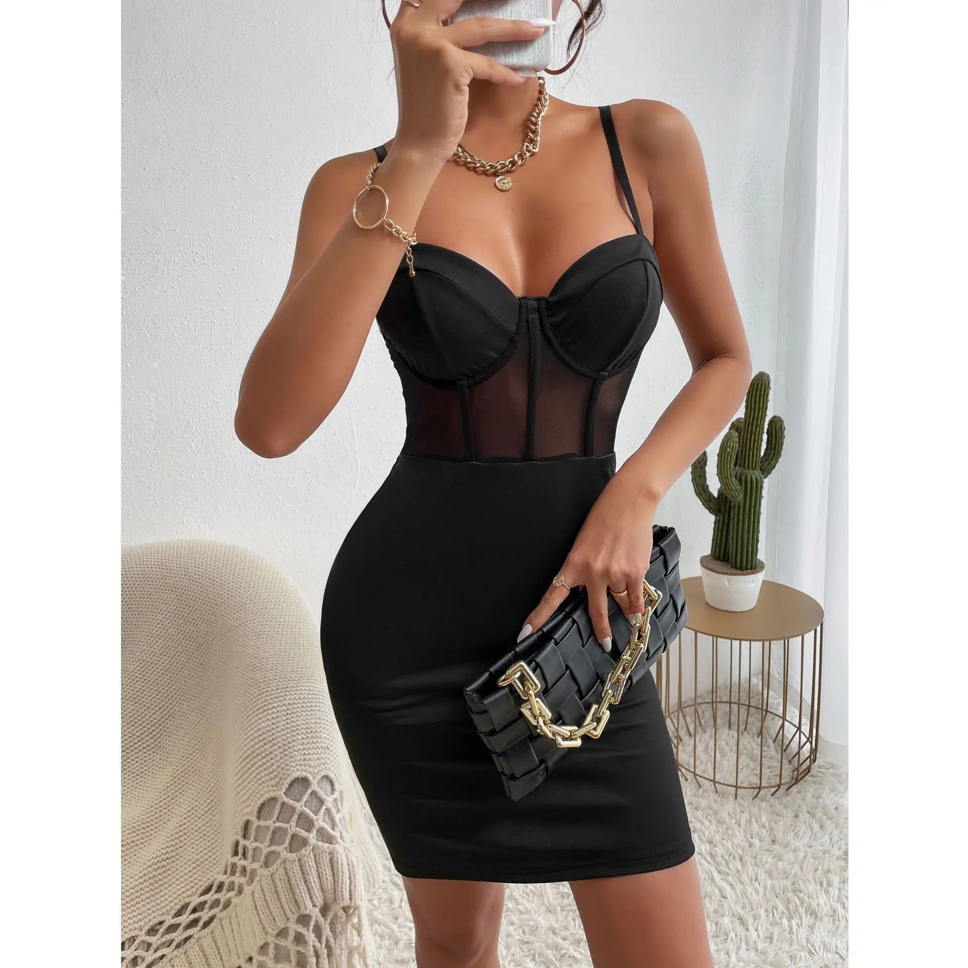 Y2K Sexy Club Party Aushöhlung Mesh Durchsichtiges Dünnes Kleid, Frauen Nachtclub Tragen Fishbone Neckholder V-ausschnitt Sheer Paket Hüfte Rock
